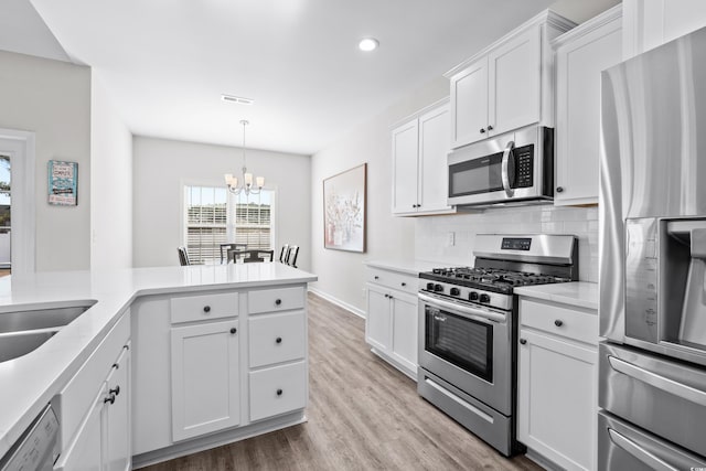 kitchen with white cabinetry, tasteful backsplash, a chandelier, decorative light fixtures, and appliances with stainless steel finishes