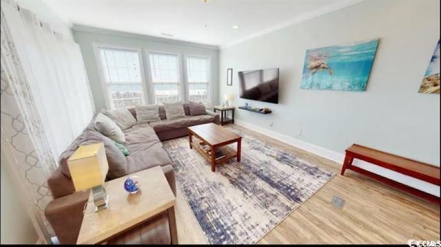 living room featuring baseboards, wood finished floors, and crown molding