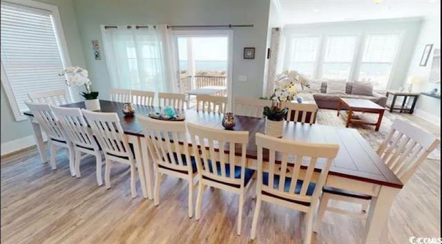 dining room featuring a healthy amount of sunlight, light wood-style flooring, and baseboards