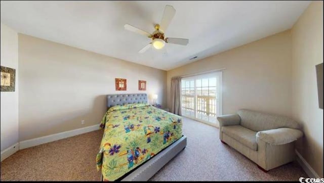 bedroom with light carpet, baseboards, vaulted ceiling, and a ceiling fan