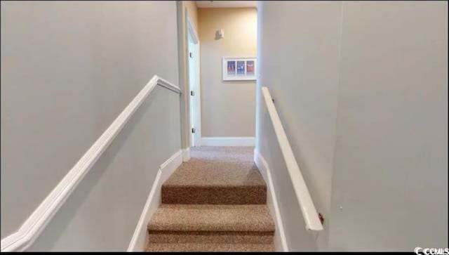 staircase featuring carpet flooring and baseboards