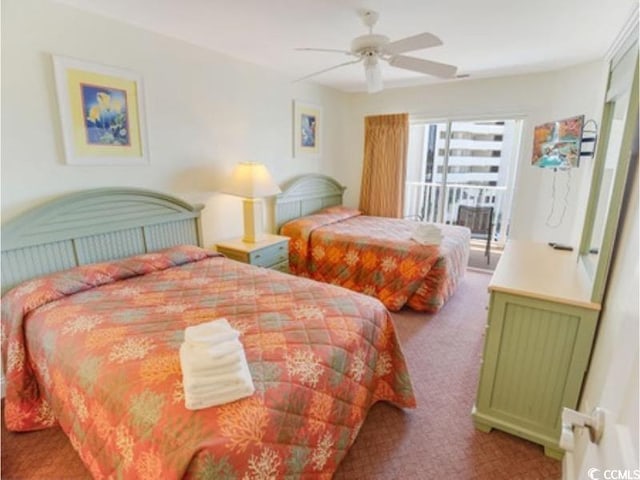 bedroom featuring ceiling fan, carpet floors, and access to exterior