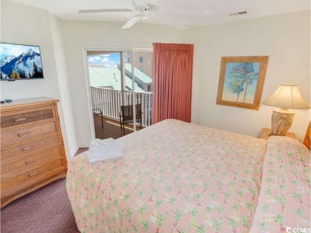 carpeted bedroom with a ceiling fan, access to outside, and visible vents