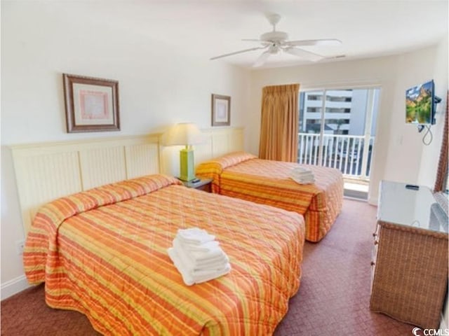 bedroom featuring carpet floors, access to exterior, baseboards, and a ceiling fan