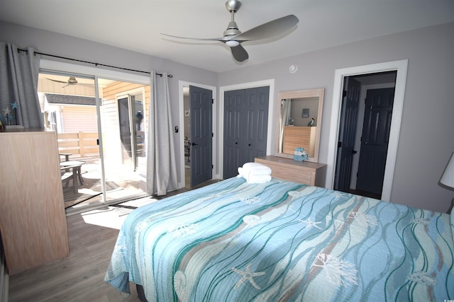 bedroom with hardwood / wood-style floors and ceiling fan