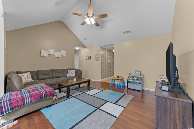 living room featuring ceiling fan, dark hardwood / wood-style flooring, and lofted ceiling