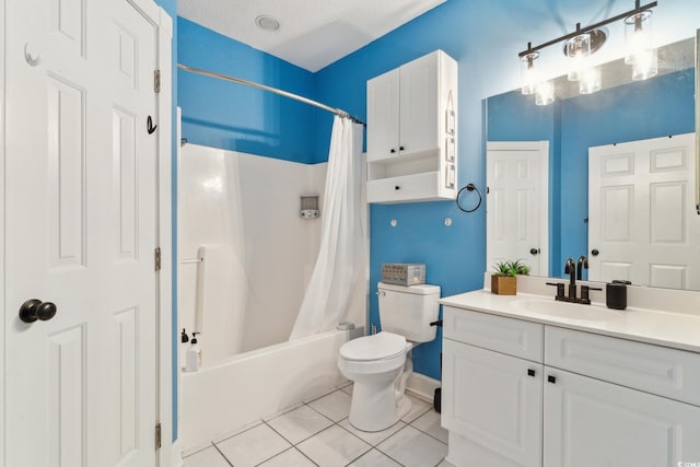 full bathroom featuring vanity, tile patterned floors, toilet, shower / bathtub combination with curtain, and a textured ceiling