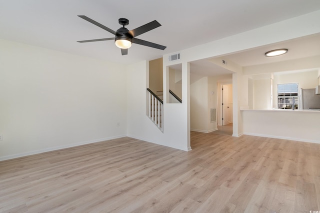 unfurnished living room with ceiling fan and light wood-type flooring