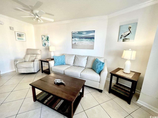 tiled living room featuring ceiling fan, crown molding, and a textured ceiling