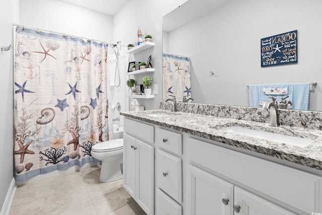 full bathroom with vanity, shower / bath combination with curtain, and toilet