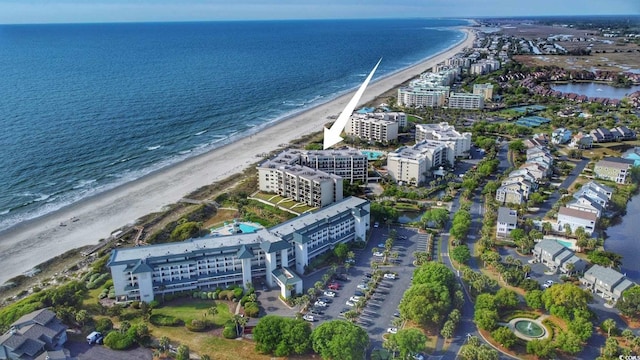 aerial view featuring a beach view and a water view