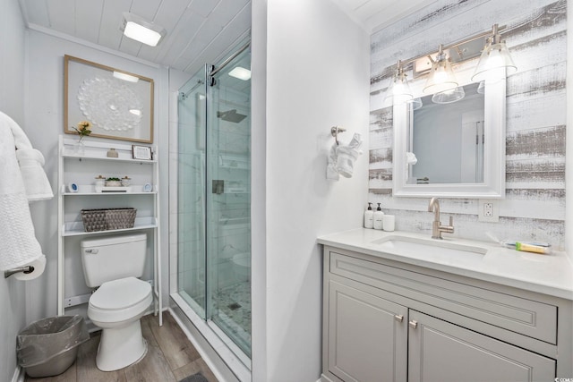 bathroom featuring hardwood / wood-style floors, toilet, walk in shower, vanity, and wood ceiling