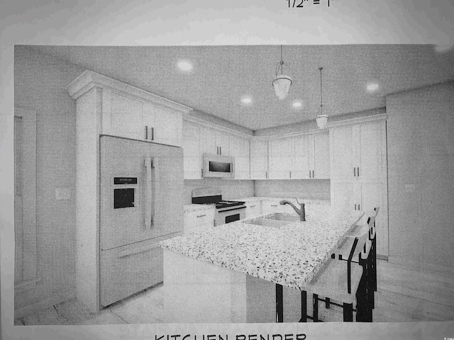 kitchen featuring stainless steel microwave, stove, fridge with ice dispenser, a sink, and a kitchen breakfast bar