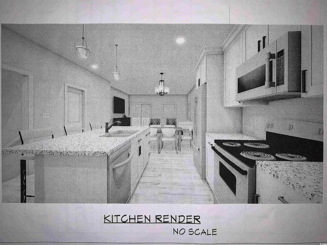 kitchen with a sink, hanging light fixtures, appliances with stainless steel finishes, light stone countertops, and an island with sink