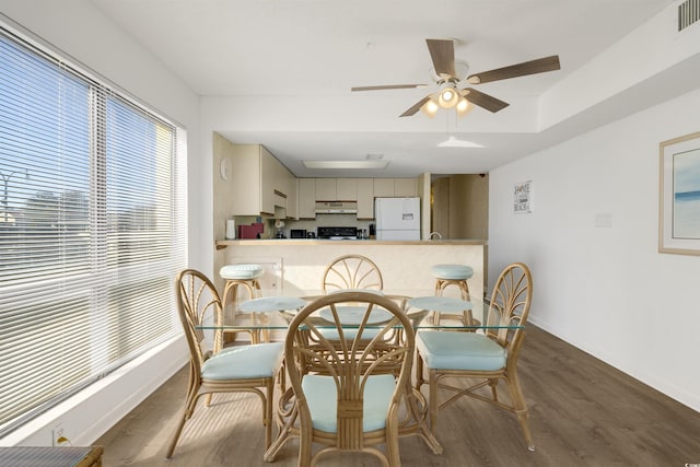 dining space with ceiling fan and dark wood-type flooring