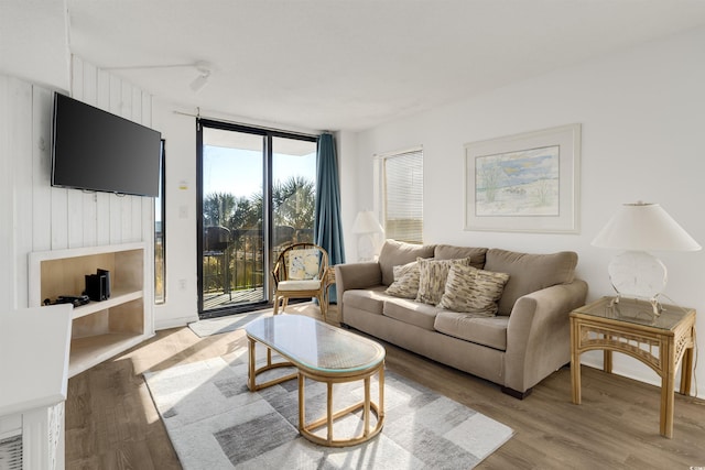 living room with light hardwood / wood-style flooring and expansive windows