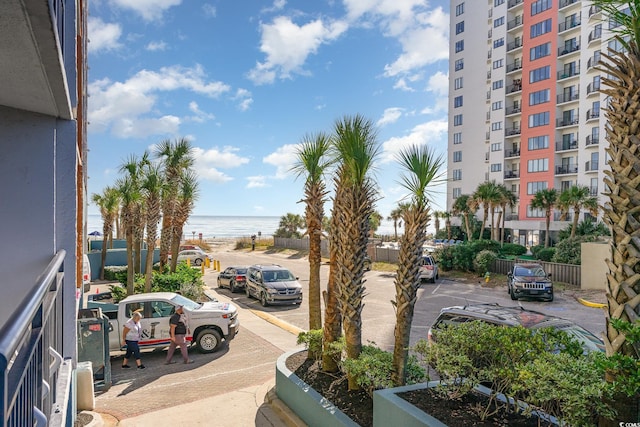 exterior space with a water view