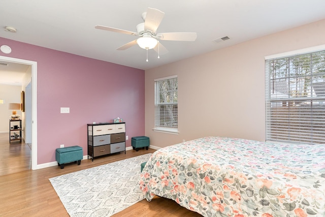 bedroom with ceiling fan and wood-type flooring