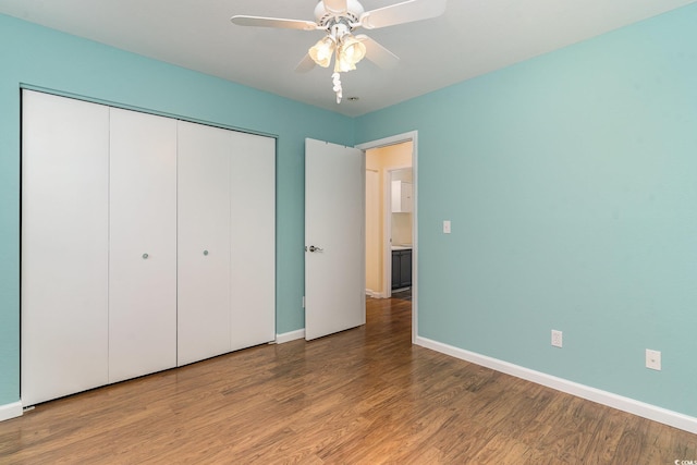 unfurnished bedroom with ceiling fan, a closet, and light hardwood / wood-style flooring