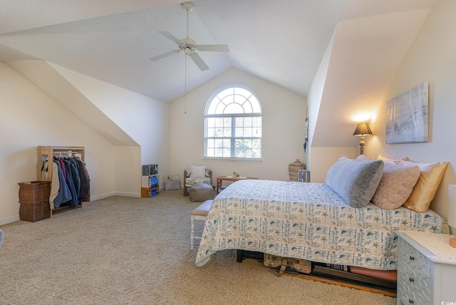 bedroom featuring carpet flooring, ceiling fan, and lofted ceiling