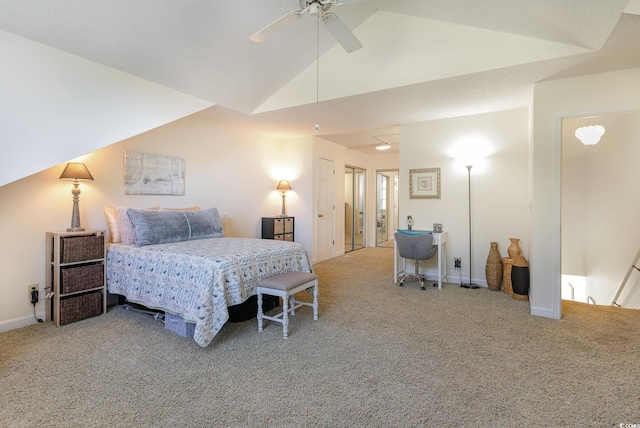 bedroom with ceiling fan, carpet floors, and vaulted ceiling