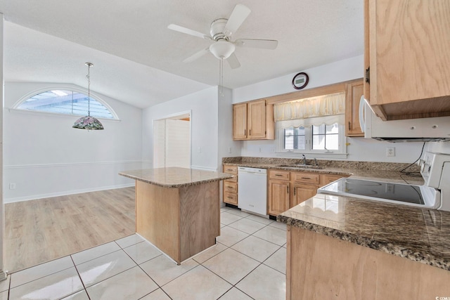 703 Gleneagles Dr, Myrtle Beach, SC 29588 - kitchen featuring sink, light brown cabinets, white dishwasher, pendant lighting, and light tile patterned floors