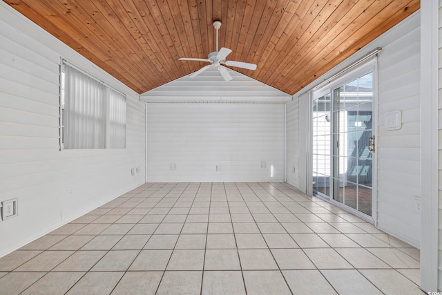703 Gleneagles Dr, Myrtle Beach, SC 29588 - tiled empty room with lofted ceiling, ceiling fan, wooden ceiling, and wood walls