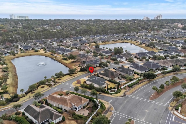 drone / aerial view featuring a water view