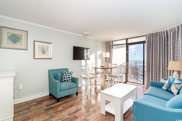 1501 S Ocean Blvd Unit 1549, Myrtle Beach, SC 29577 - living room with crown molding, expansive windows, dark hardwood / wood-style floors, and a textured ceiling