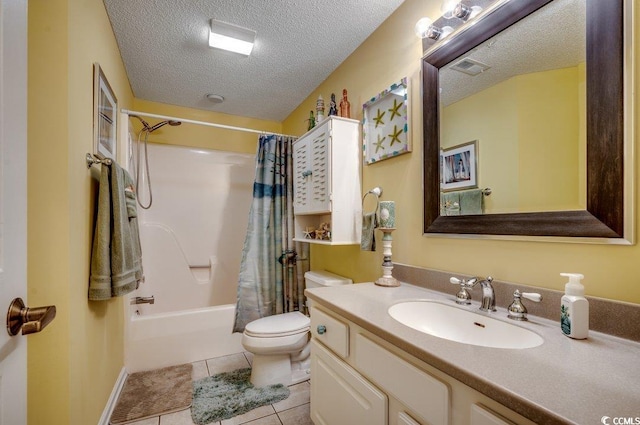 full bathroom with tile patterned flooring, a textured ceiling, toilet, vanity, and shower / tub combo