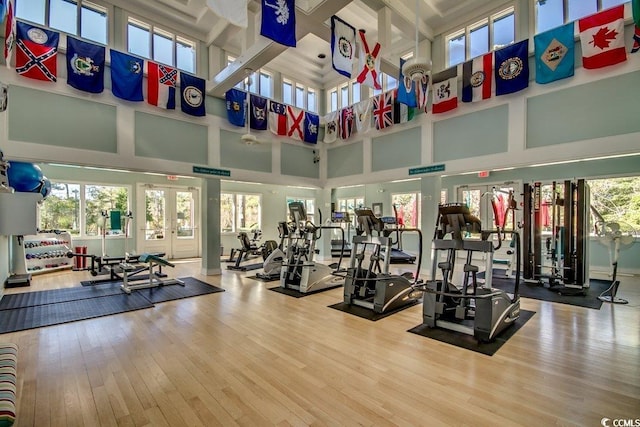 workout area featuring french doors, a towering ceiling, and hardwood / wood-style flooring