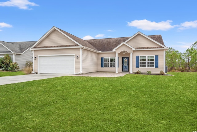 single story home featuring driveway, a garage, and roof with shingles