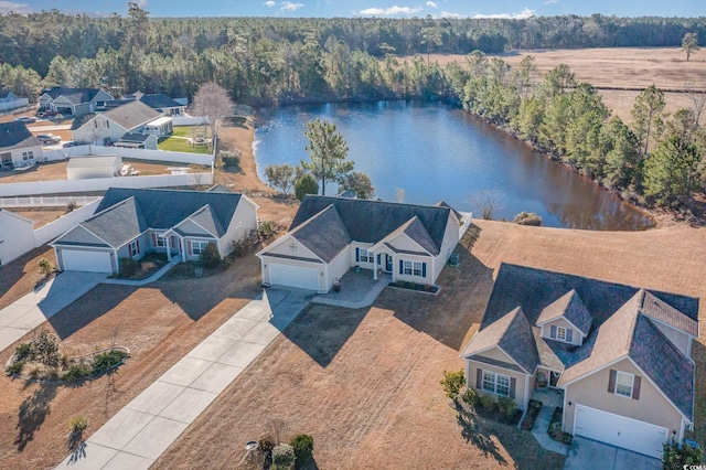 birds eye view of property with a water view and a residential view