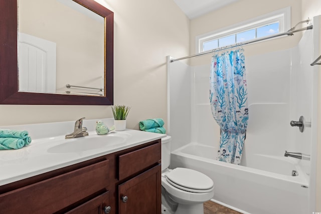 bathroom with toilet, shower / bath combo with shower curtain, and vanity