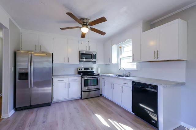 kitchen with white cabinetry, stainless steel appliances, sink, and light hardwood / wood-style flooring