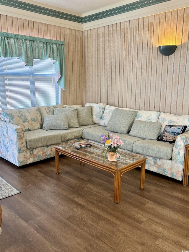 living room with dark hardwood / wood-style floors and wood walls