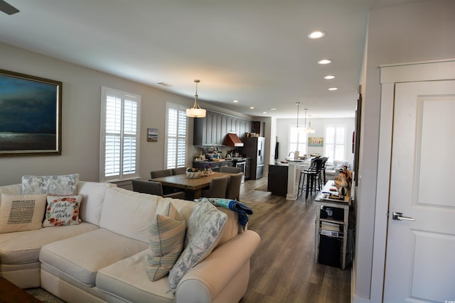 living room with dark wood-type flooring