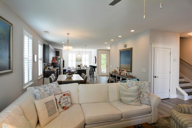 living room with a healthy amount of sunlight and dark hardwood / wood-style flooring