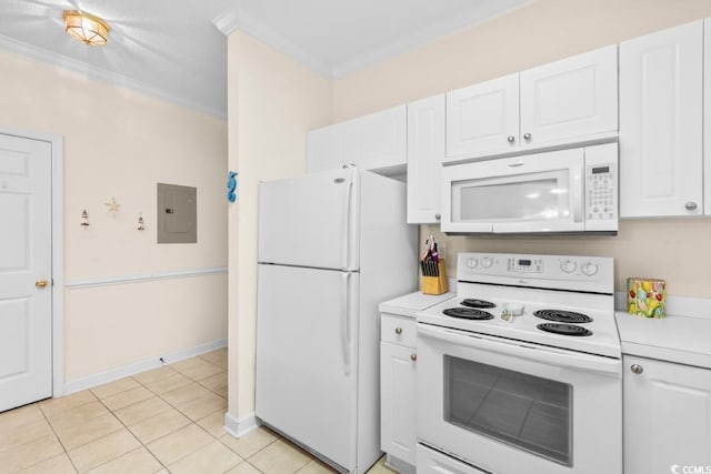 kitchen with white cabinetry, crown molding, and white appliances