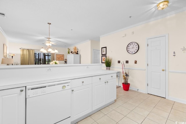 kitchen featuring white dishwasher, crown molding, ceiling fan, light tile patterned flooring, and white cabinetry