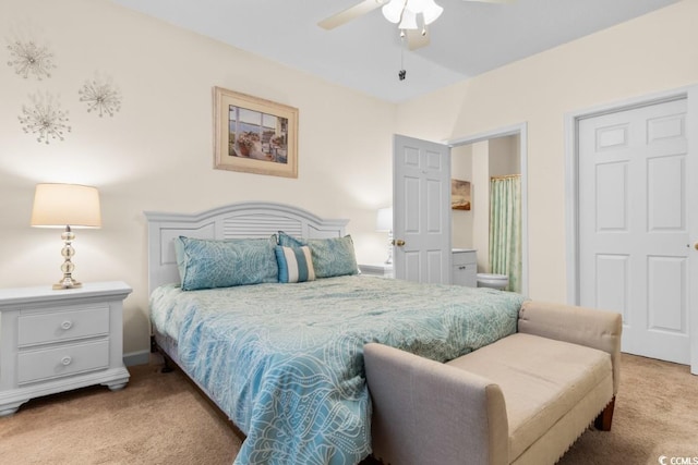 bedroom with light carpet and ceiling fan