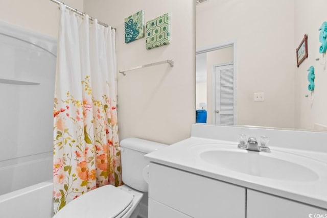 full bathroom with vanity, toilet, and shower / bathtub combination with curtain