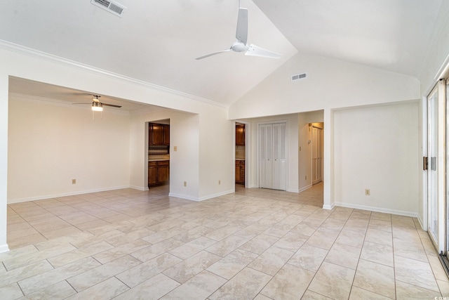 unfurnished room with ceiling fan, high vaulted ceiling, and ornamental molding