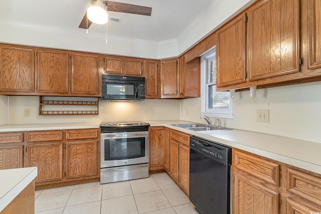 kitchen with black appliances, crown molding, sink, ceiling fan, and light tile patterned floors