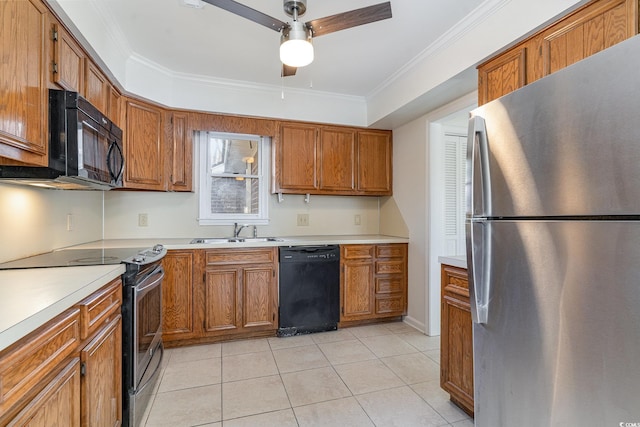 kitchen with black appliances, sink, crown molding, ceiling fan, and light tile patterned flooring