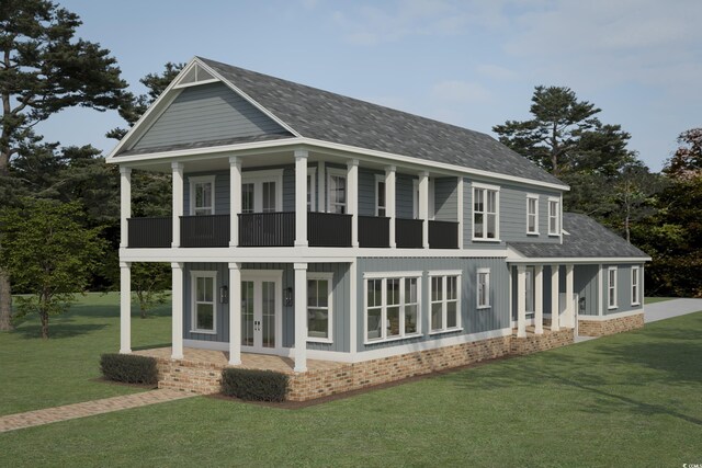 239 Madison Dr, Georgetown, SC 29440 - back of house featuring french doors, a balcony, a yard, and a shingled roof