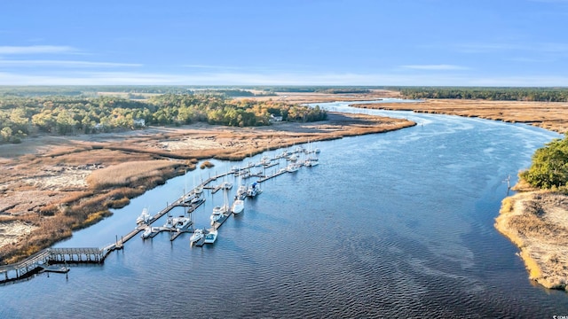 aerial view featuring a water view