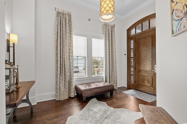 entryway featuring dark hardwood / wood-style flooring and ornamental molding