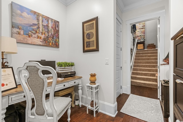 office area featuring dark hardwood / wood-style flooring and ornamental molding