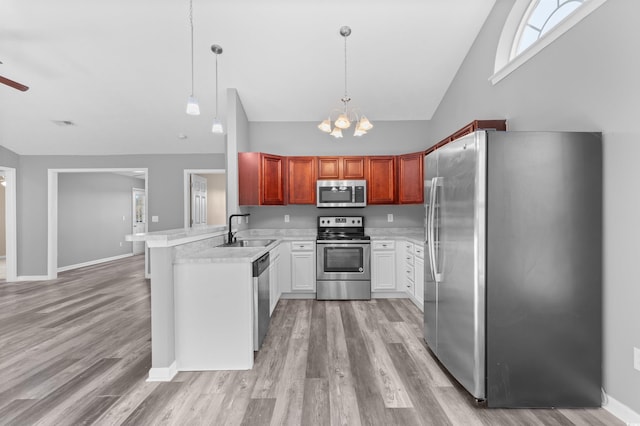 kitchen with sink, decorative light fixtures, appliances with stainless steel finishes, a notable chandelier, and light hardwood / wood-style floors